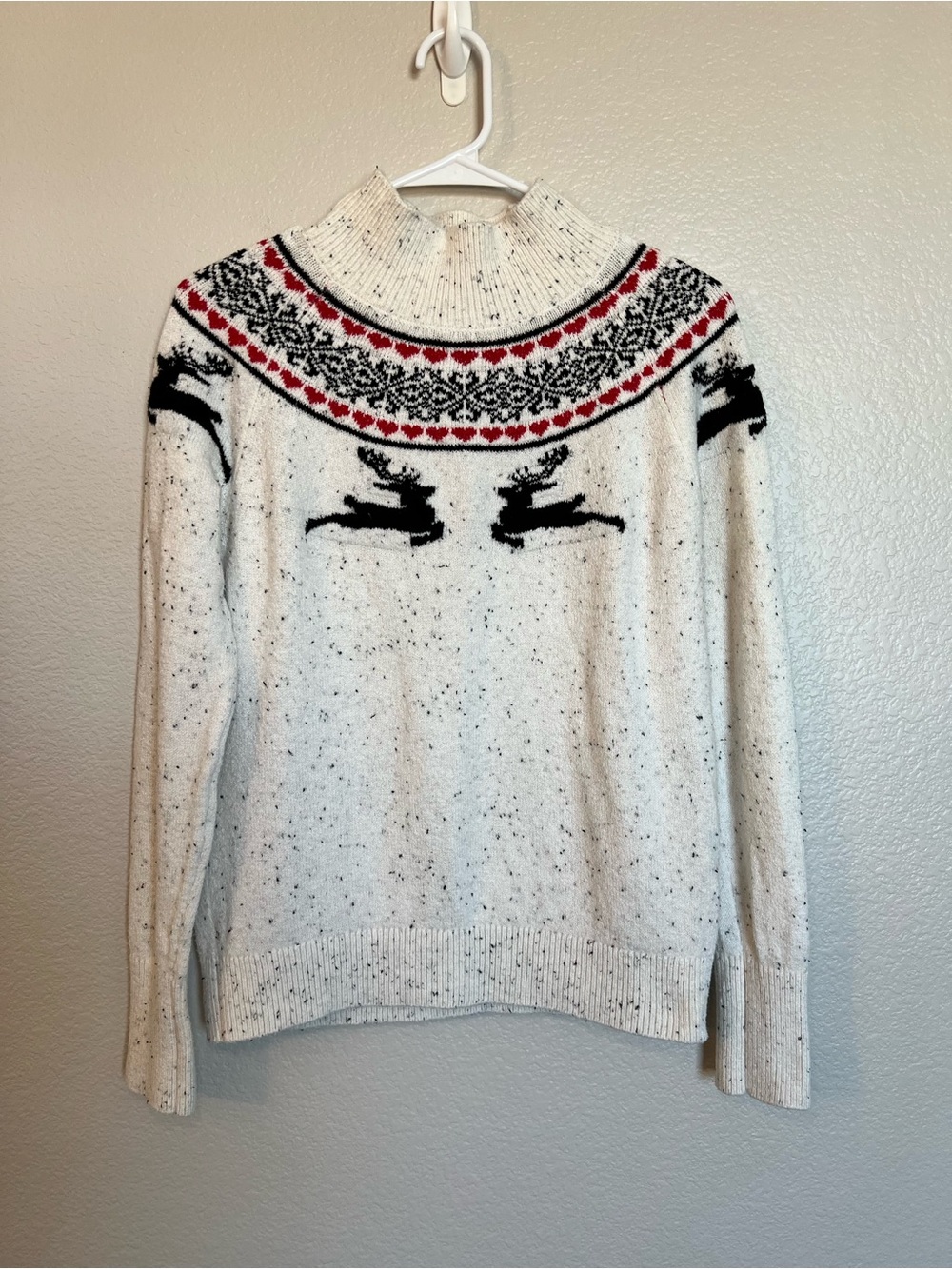 LOFT Reindeer Fair Isle Turtleneck Sweater Small Cream Red Black Holiday Winter